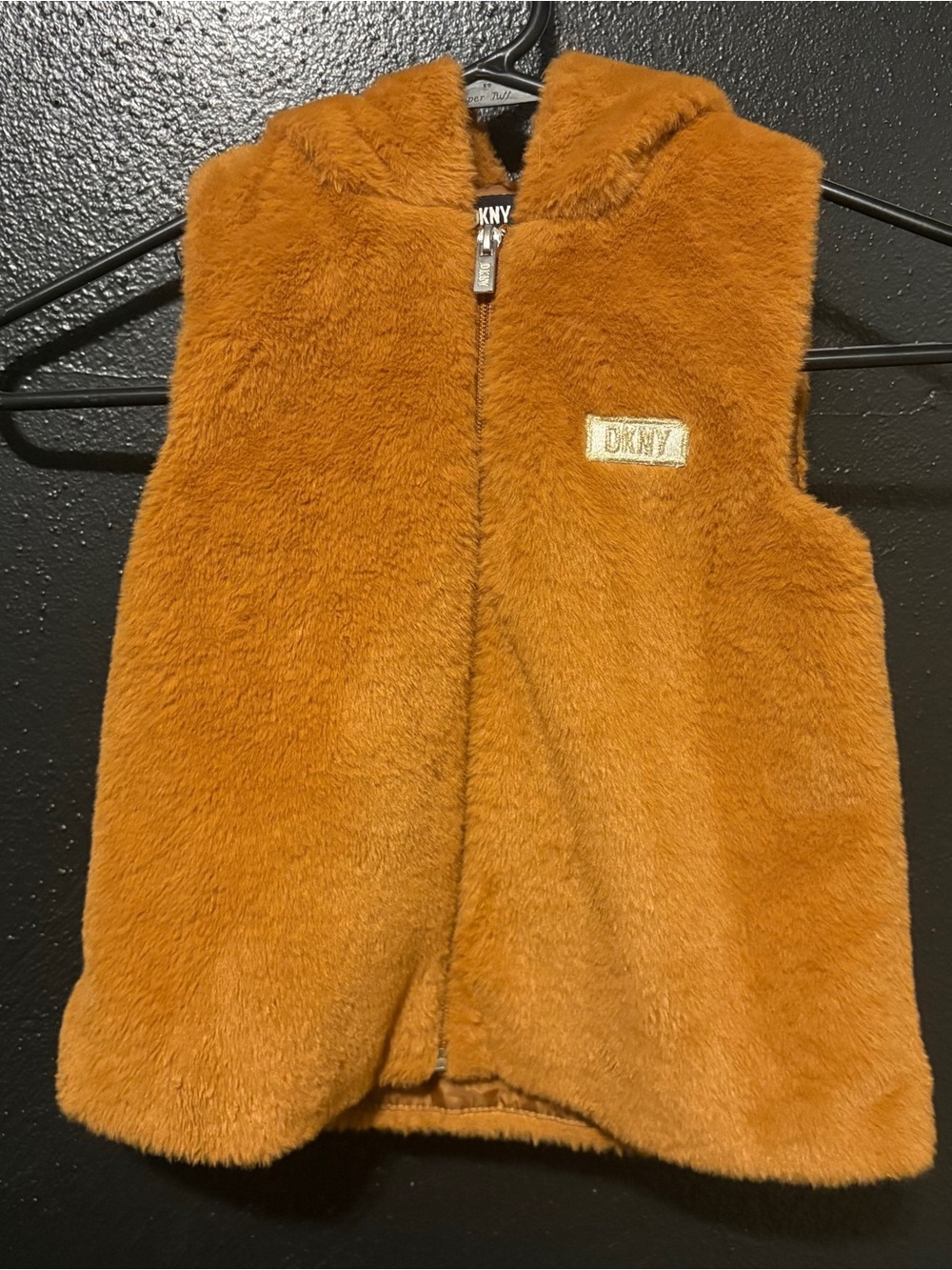 DKNY Kids Plush Hooded Vest in Rust Orange Size 5